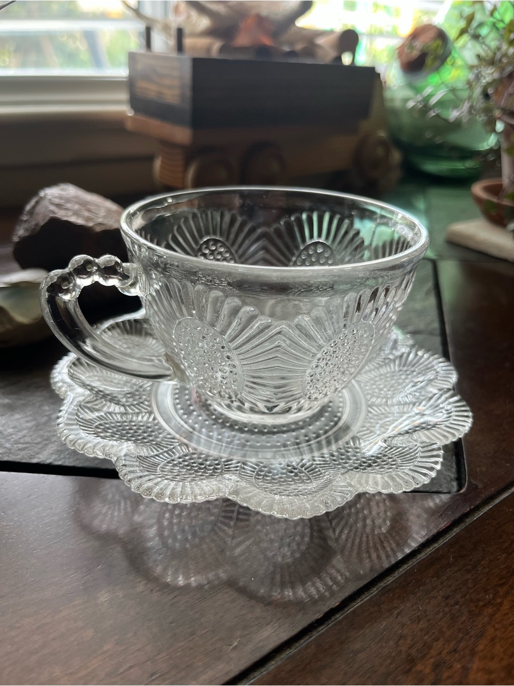 Clear Pressed Glass Teacup and Saucer - Elegant Floral Pattern